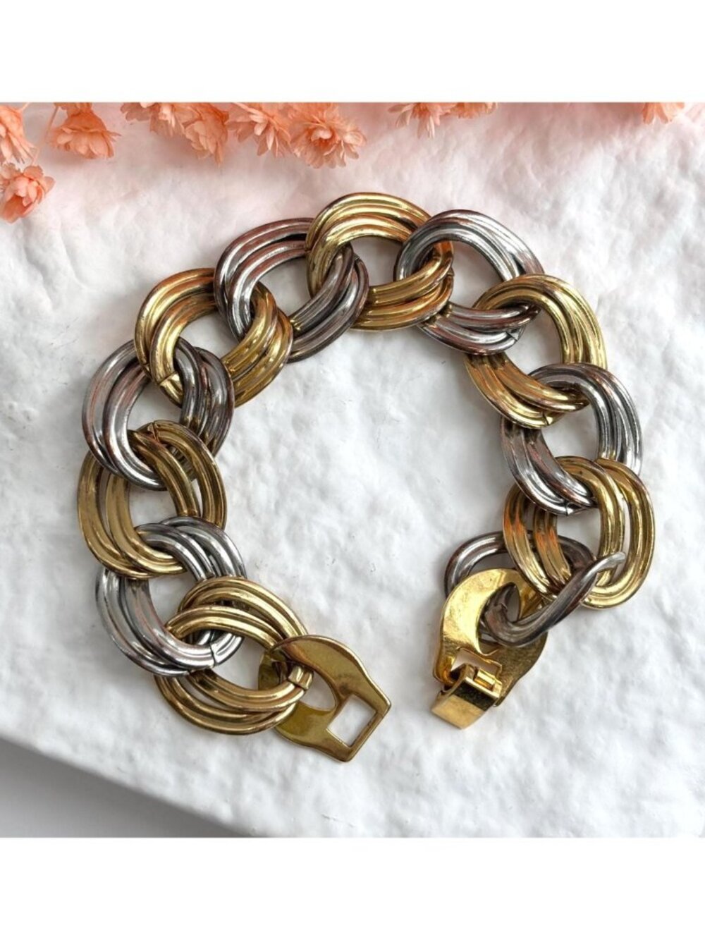 Dual Gold & Silver Double Strung Chunky Vintage 80's Style Bracelet - Picture 1 of 16